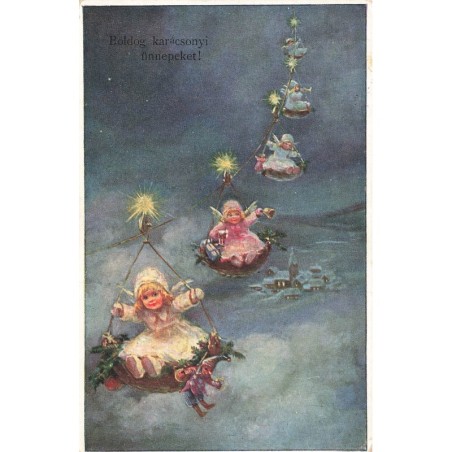n°30381 - Noël - Anges dans des nacelles descendant du ciel