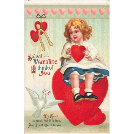 n°30383 - Carte Gaufrée - Clapsaddle - Sweet ... Valentine I Think of you - Fillette assise sur un coeur