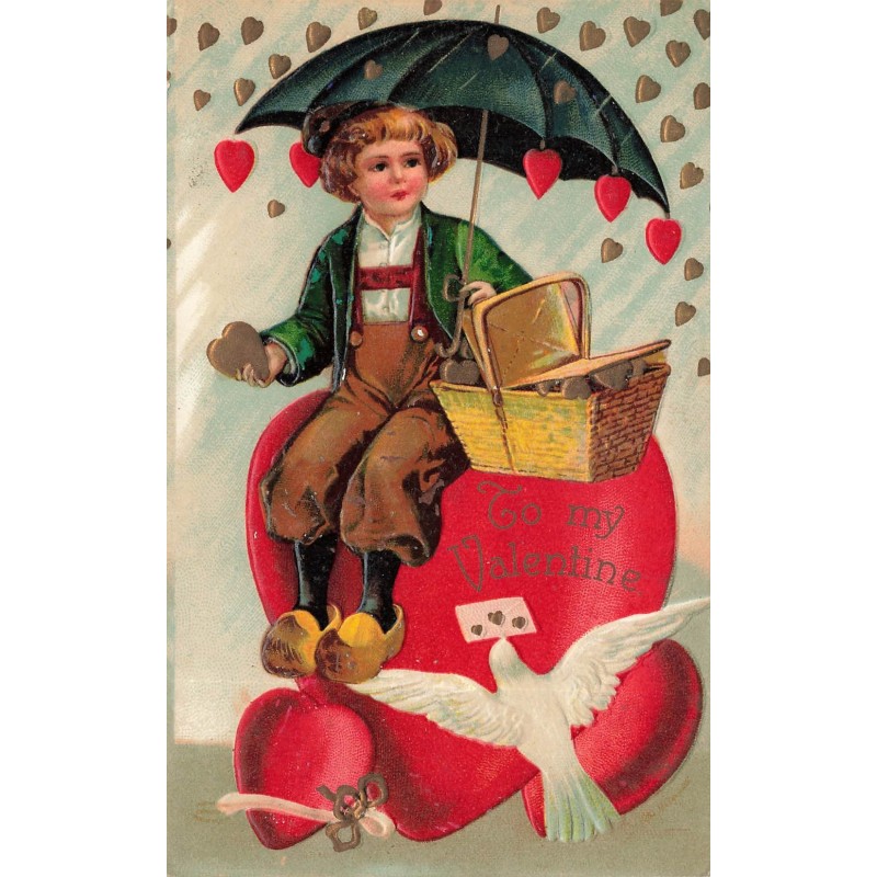n°30384 - Carte Gaufrée - Clapsaddle - To my Valentine - Garçon assis sur un coeur, se protégeant sous un parapluie