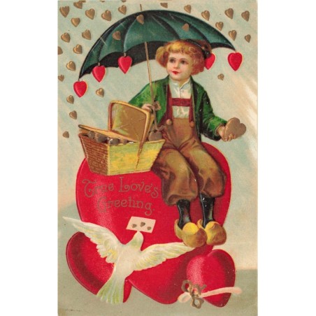 n°30385 - Carte Gaufrée - Clapsaddle - Saint-Valentin - True Love's Greeting - Garçon assis sur un coeur