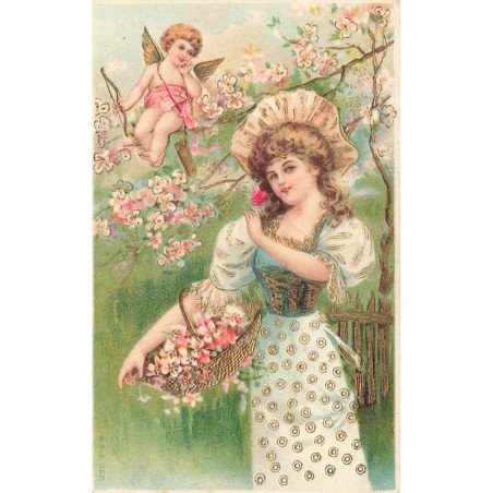 n°30386 - Carte Gaufrée - MSIB 13521 - Cupidon veillant sur une jeune fille cueillant des fleurs