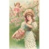 n°30386 - Carte Gaufrée - MSIB 13521 - Cupidon veillant sur une jeune fille cueillant des fleurs