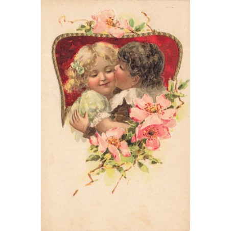 n°30394 - Carte Gaufrée - Fantaisie - Deux enfants s'embrassant