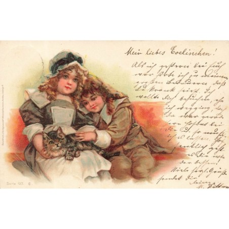 n°30396 - Style Brundage - Deux enfants caressant un chat assis sur les genoux d'une jeune fille