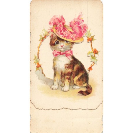n°30398 - Petite carte qui s'ouvre - Chat portant un chapeau avec des plumes