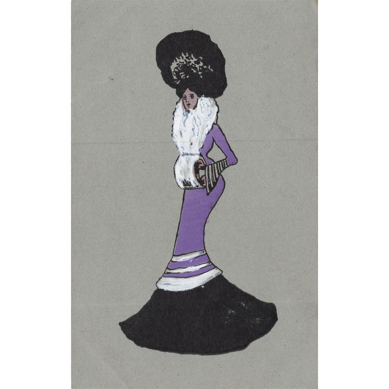 n°30401 - Carte Peinte à la Main - Mode - Jeune femme portant un manteau violet, et un manchon