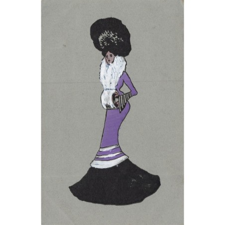 n°30401 - Carte Peinte à la Main - Mode - Jeune femme portant un manteau violet, et un manchon