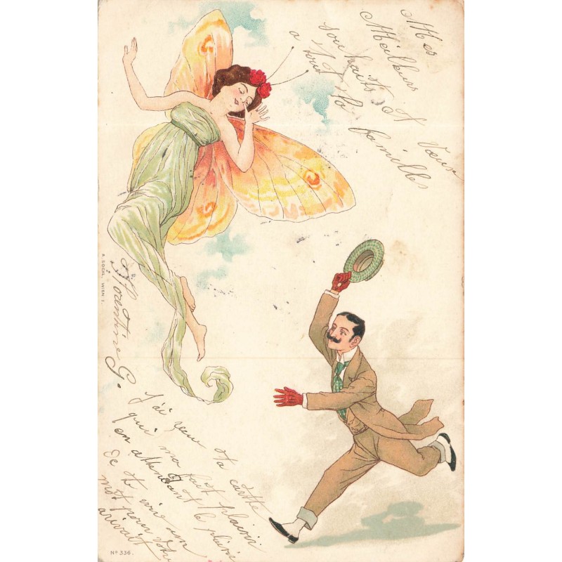 n°30402 - Fantaisie - Homme courant après une femme avec des ailes de papillons