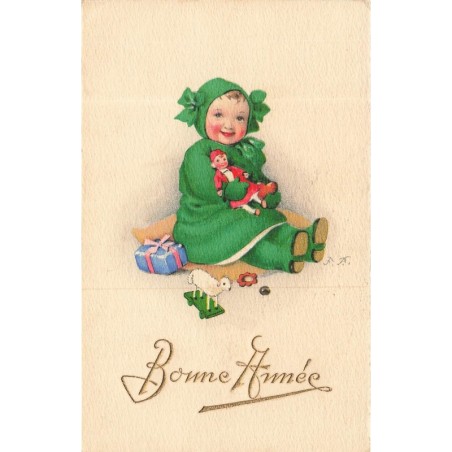 n°30404 - Illustrateur Baumgarten - Bonne Année - Fillette assise au milieu de jouets tenant une poupée
