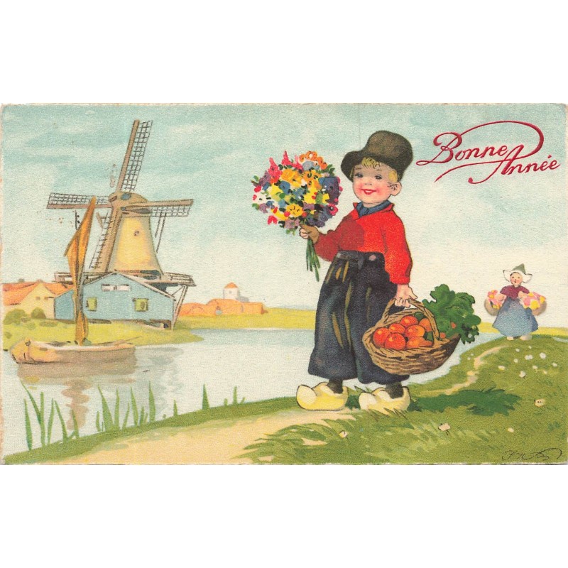 n°30405 - Illustrateur Baumgarten - Bonne Année - Jeune homme portant un bouquet - Moulin à vent