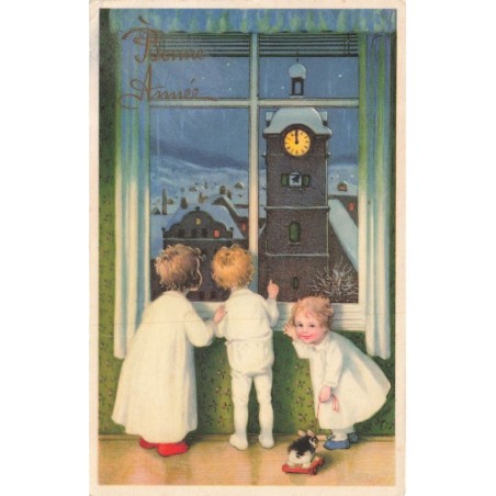 n°30407 - Style Baumgarten - Bonne Année - Enfants regardant par une fenêtre à minuit