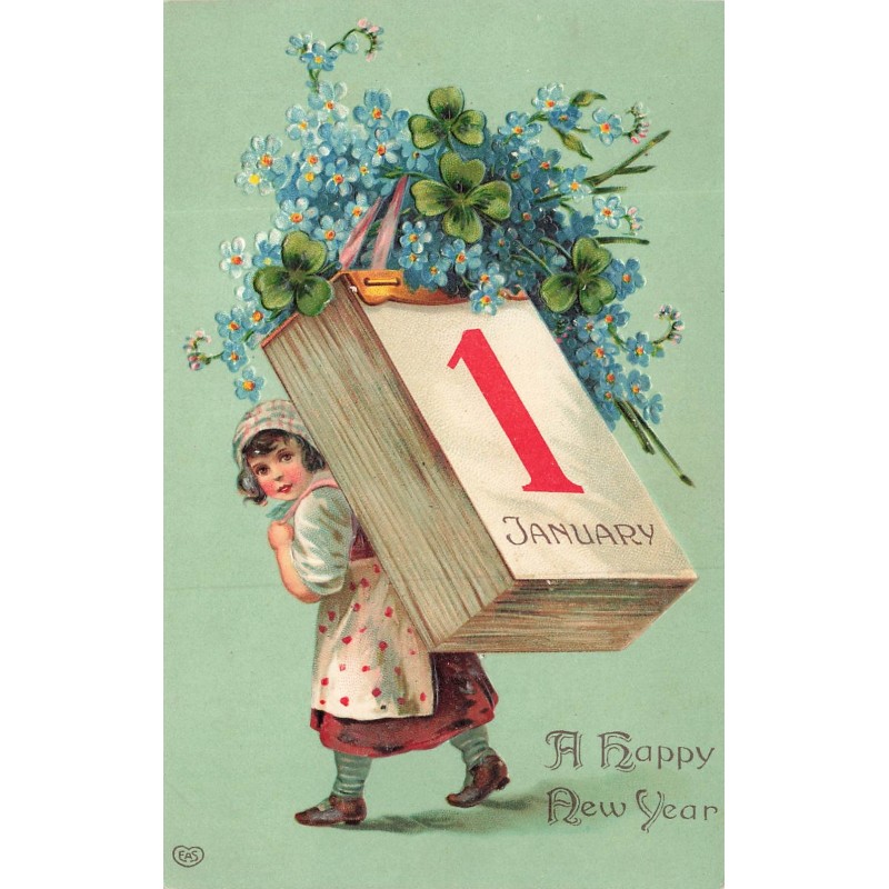 n°30410 - Carte Gaufrée - A Happy New Year - Fillette portant un éphéméride sur le dos