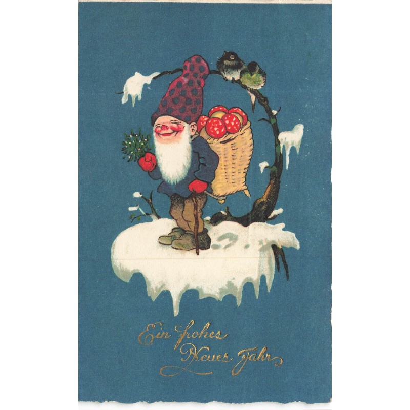 n°30411 - Nouvel An - Style Baumgarten - Lutin portant une hotte remplie de champignons