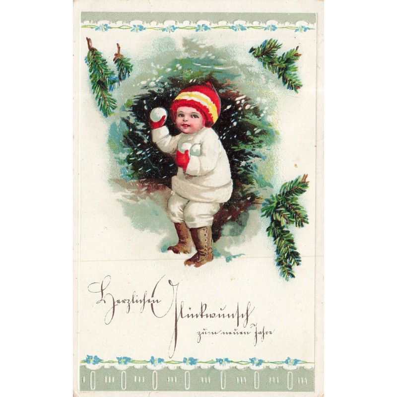 n°30414 - Carte Gaufrée - Clapsaddle -Nouvel An - Enfant lançant des boules de neige