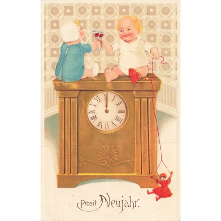 n°30420 - Carte Gaufrée - Flatscher - Prosit Neujahr - Bébés assis sur une pendule trinquant - M.S.B. n°7146