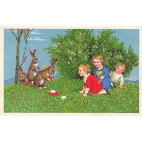 n°30424 - Flatscher - Joyeuses Pâques - Enfants regardant des lièvres déposer des oeufs - Chocolat Suchard