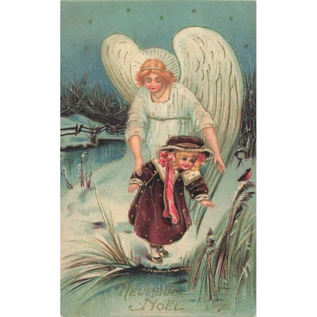 n°30426 - Carte Gaufrée - Heureux Noël - Ange gardien protégeant une fillette près d'une rivière