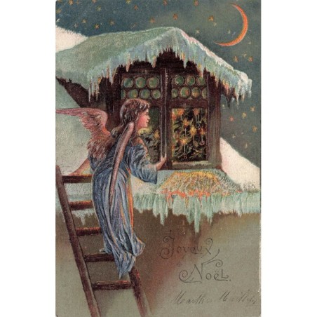 n°30428 - Carte Gaufrée - 2917 - Joyeux Noël - Ange gardien sur une échelle regardant par une fenêtre