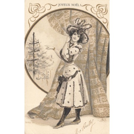 n°30429 - Carte à Paillettes - Joyeux Noël - Jeune femme près d'un rideau