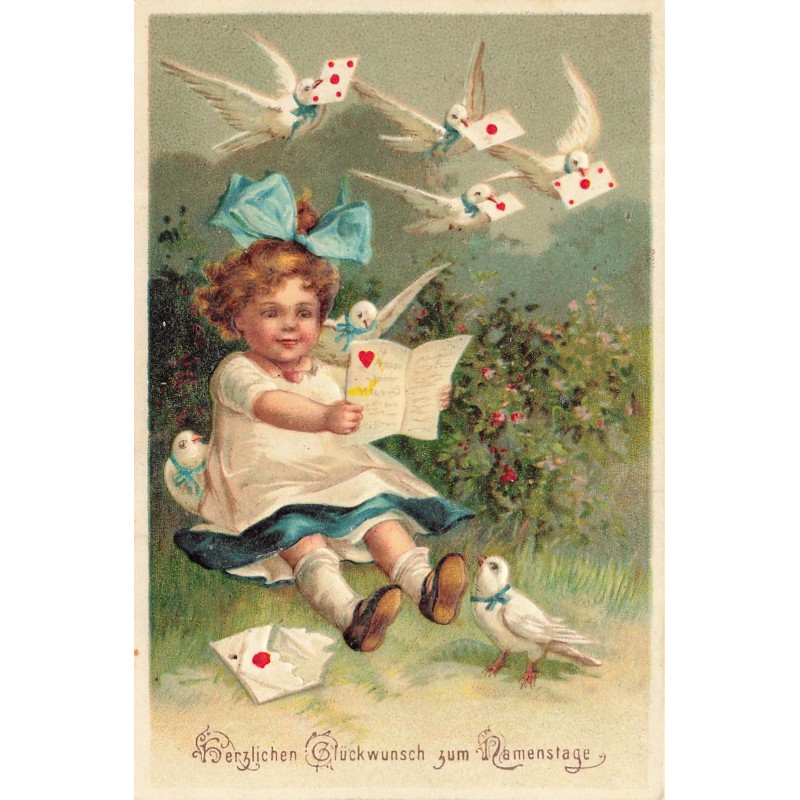 n°30435 - Carte Gaufrée - Anniversaire - Fillette lisant des lettres - Colombes
