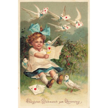 n°30435 - Carte Gaufrée - Anniversaire - Fillette lisant des lettres - Colombes