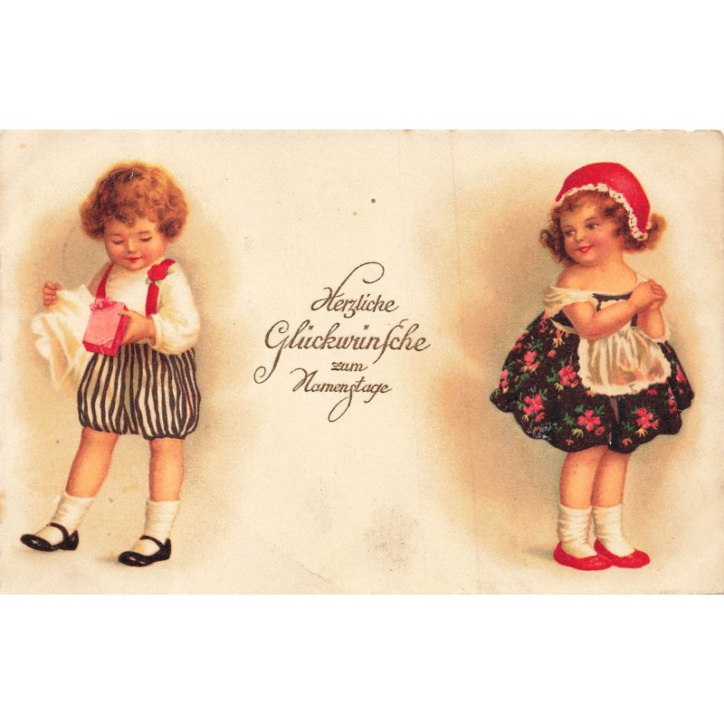 n°30438 - Anniversaire - Clapsaddle - Deux enfants, le garçon ouvrant un cadeau