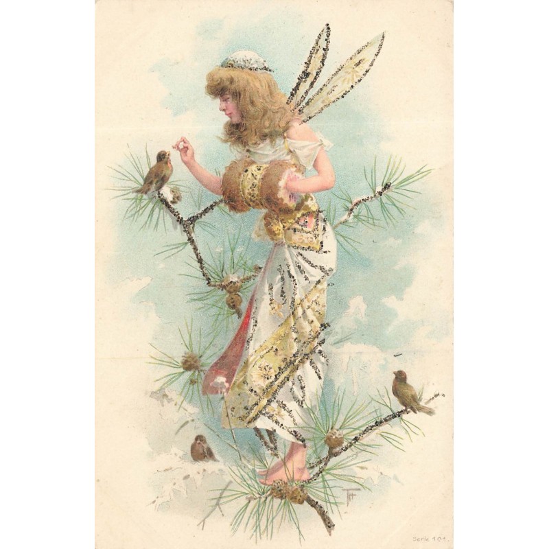 n°30441 - Carte à Paillettes - Fée - Jeune femme avec des ailes, donnant à manger àdes oiseaux