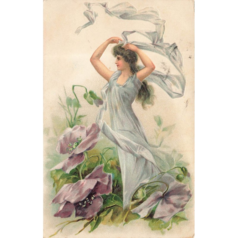 n°30443 - Carte Gaufrée - Fantaisie - Jeune femme dansant avec un voile au milieu de fleurs