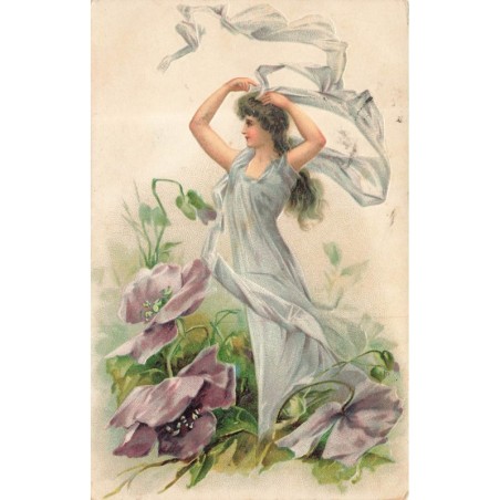 n°30443 - Carte Gaufrée - Fantaisie - Jeune femme dansant avec un voile au milieu de fleurs