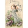 n°30443 - Carte Gaufrée - Fantaisie - Jeune femme dansant avec un voile au milieu de fleurs