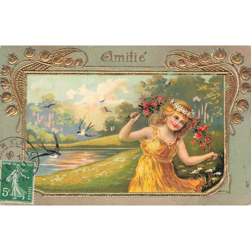 n°30444 - Carte Gaufrée - Amitié - Jeune fille cueillant des fleurs - Hirondelles