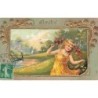 n°30444 - Carte Gaufrée - Amitié - Jeune fille cueillant des fleurs - Hirondelles