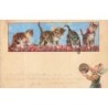 n°30448 - Chat - Fillette attirant avec des souris des chats sur un toit