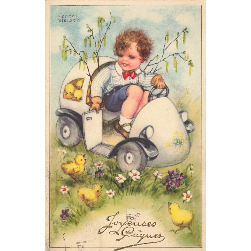n°30453 - Hannes Petersen - Joyeuses Pâques - Garçon conduisant un oeuf, avec des poussins