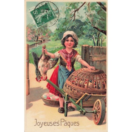 n°30454 - Carte Gaufrée - 8442 - Joyeuses Pâques - Jeune fille mettant des poules dans une brouette