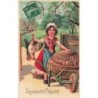 n°30454 - Carte Gaufrée - 8442 - Joyeuses Pâques - Jeune fille mettant des poules dans une brouette