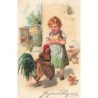 n°30455 - Carte Gaufrée - Joyeuses Pâques - Fillette portant des poussins près d'un coq