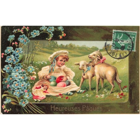 n°30456 - Carte Gaufrée - Heureuses Pâques - Fillette assise avec des oeufs près de moutons