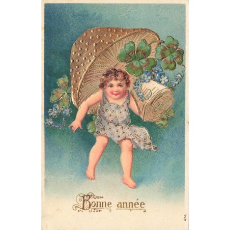 n°30457 - Carte Gaufrée - Bonne Année - Ange portant un champignon