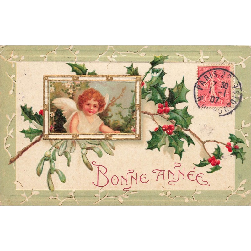 n°30458 - Carte Gaufrée - Clapsaddle - Bonne Année - Ange dans un cadre entouré de gui et de houx