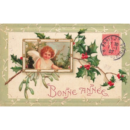 n°30458 - Carte Gaufrée - Clapsaddle - Bonne Année - Ange dans un cadre entouré de gui et de houx