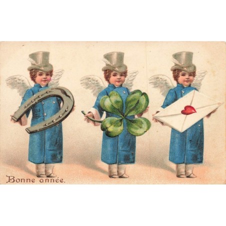 n°30461 - Carte Gaufrée - Clapsaddle - Bonne Année - Anges portant des portes-bonheur