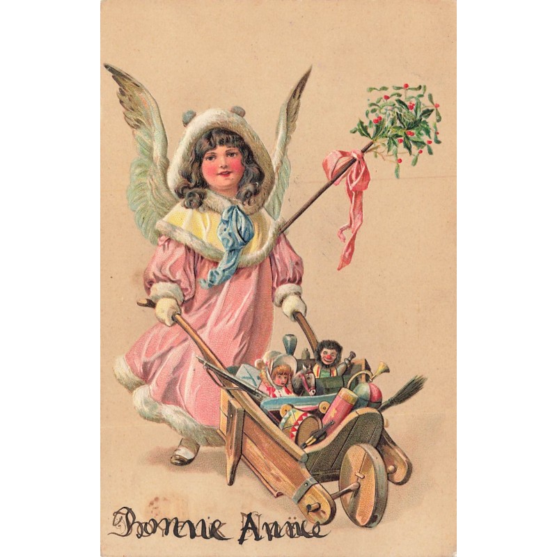 n°30462 - Carte Gaufrée - 7882 - Bonne Année - Ange poussant une brouette remplie de jouets