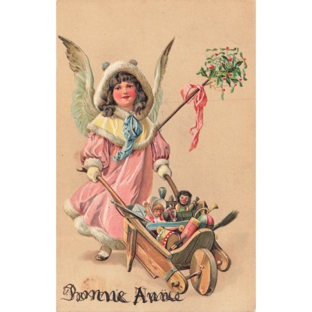n°30462 - Carte Gaufrée - 7882 - Bonne Année - Ange poussant une brouette remplie de jouets