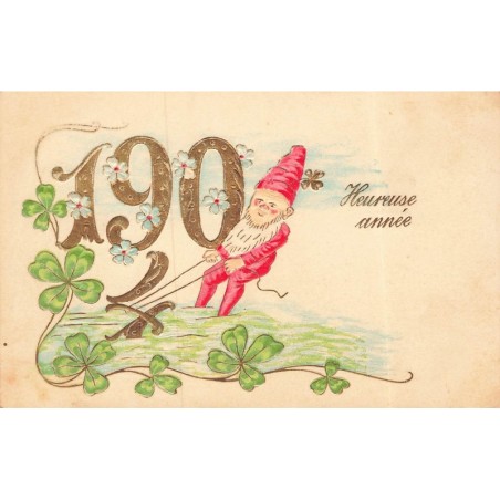 n°30463 - Carte Gaufrée - Heureuse Année 1904 - Lutin faisant du ski nautique en tenant le 4