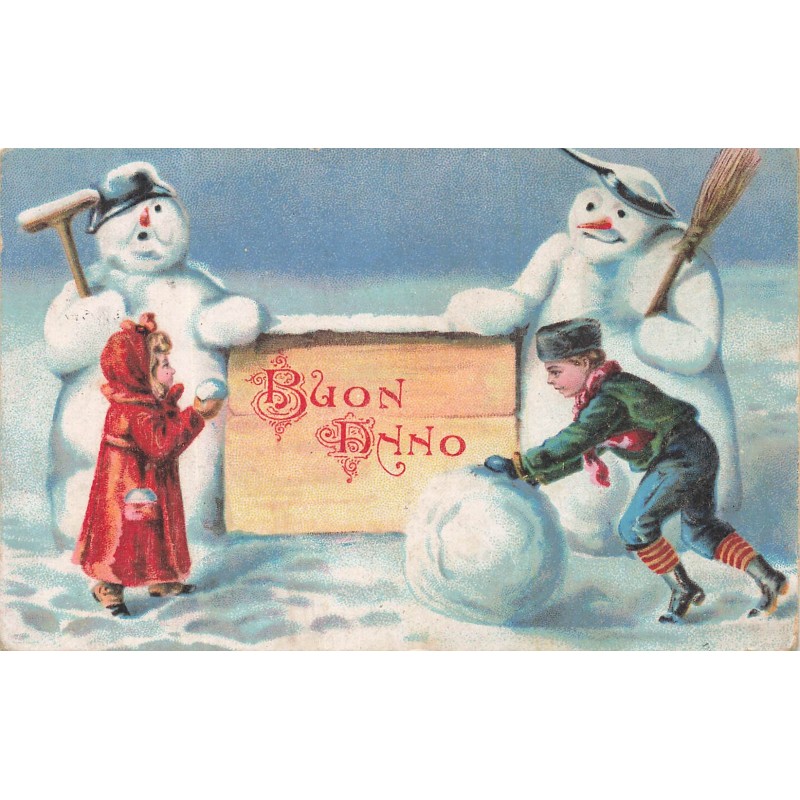 n°30464 - Buon Anno - Enfants faisant des boules de neige près de bonhommes de neige