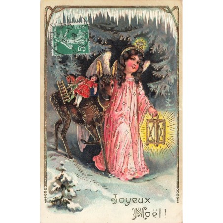 n°30474 - Carte Gaufrée - 7888 - Joyeux Noël - Ange marchant près d'une biche transportant des jouets