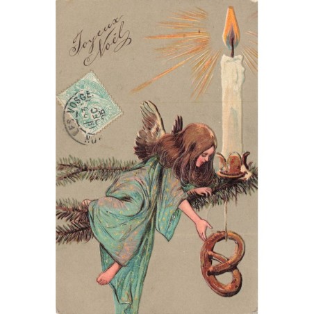 n°30476 - Carte Gaufrée - Joyeux Noël - Ange assis sur une branche de sapin près d'une bougie - Bretzel