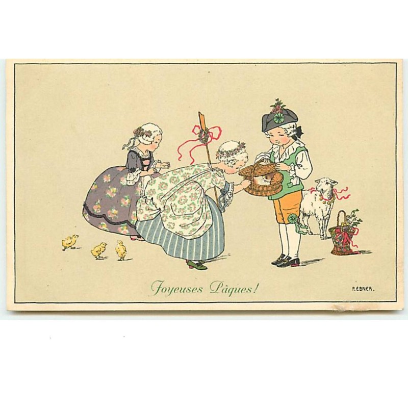 n°13868 - MM Vienne n°651 - P. Ebner - Joyeuses Pâques - Fillettes regardant un lapin dans un panier