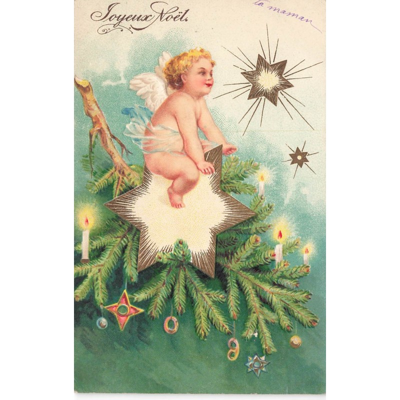 n°30477 - Carte Gaufrée - Clapsaddle - Joyeux Noël - Ange assis sur une étoile posé sur une branche de sapin